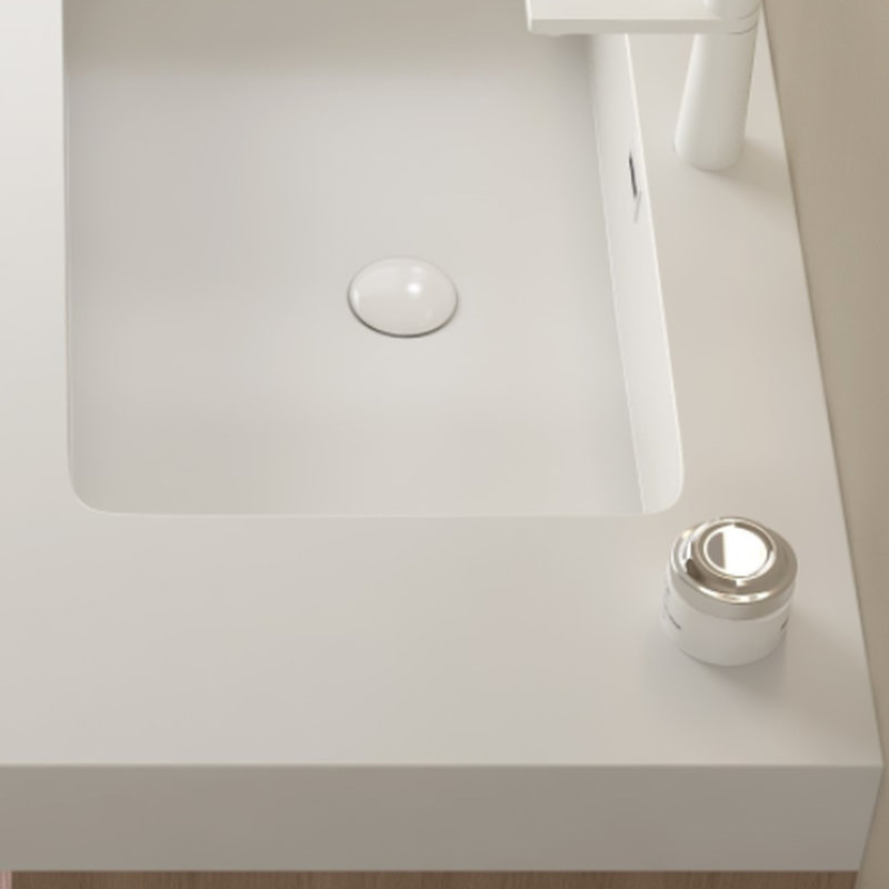 Rectangular Undermount Basin 36" Bathroom - White Solid Surface, Modern & Scandinavian Style, Scratch-, Wear-, Easy To Clean, Faucet Hole And Overflow, Sink Cover Expandable Drain Pipe Included,