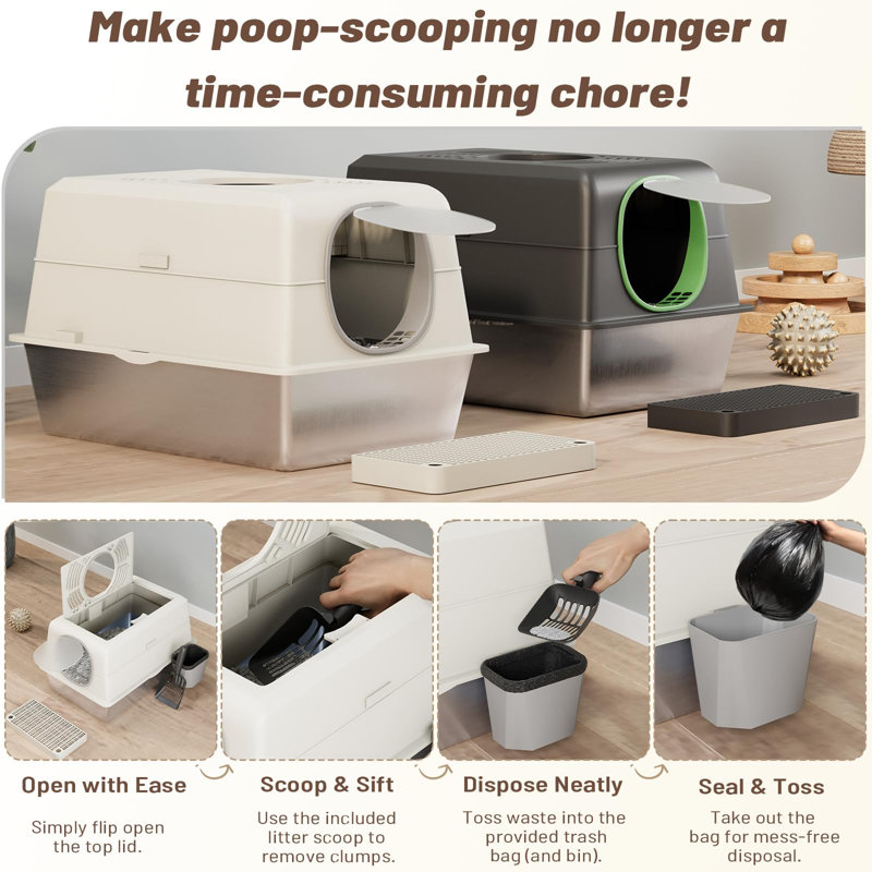 Resin, Stainless Steel Litter Box with Scoop, White