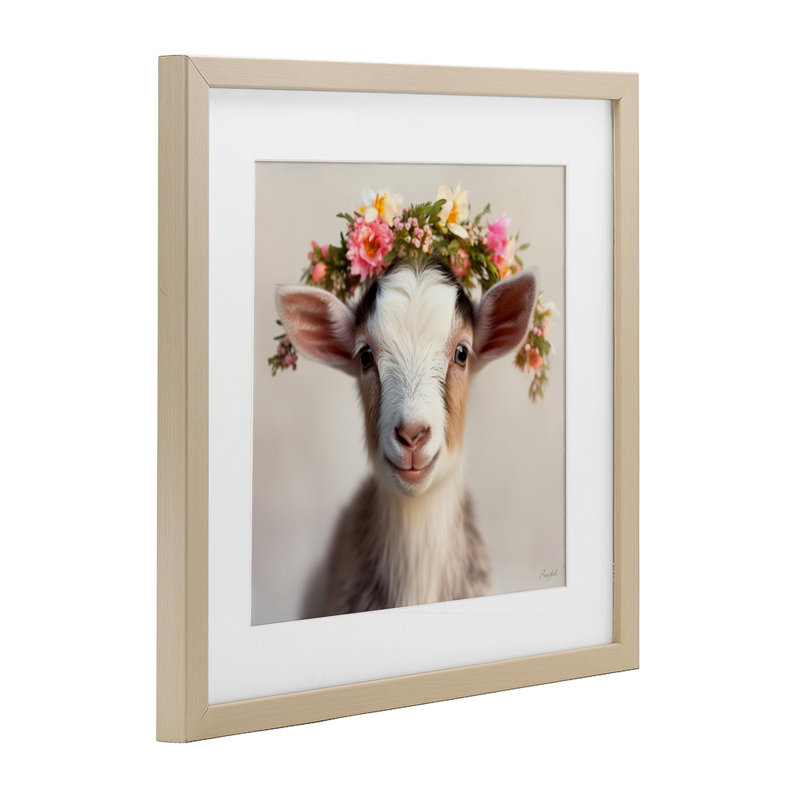 «Flower Crowned Goat», reproduction encadrée sous verre, design par Roozbeh, H 13 po x l 13 po, Cadre de récolte en pin