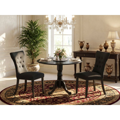 3 Piece Dinette Set for Small Spaces Contains a Round Dining Table with Dropleaf and 2 Black Linen Fabric Upholstered Chairs, Wire brushed Black