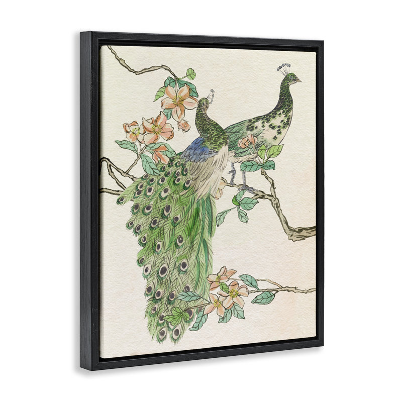 "Peacock pair on Branch", art mural sur toile flottante par Melissa Wang, Cadre flottant noir de jais, H 21 po x l 17 po