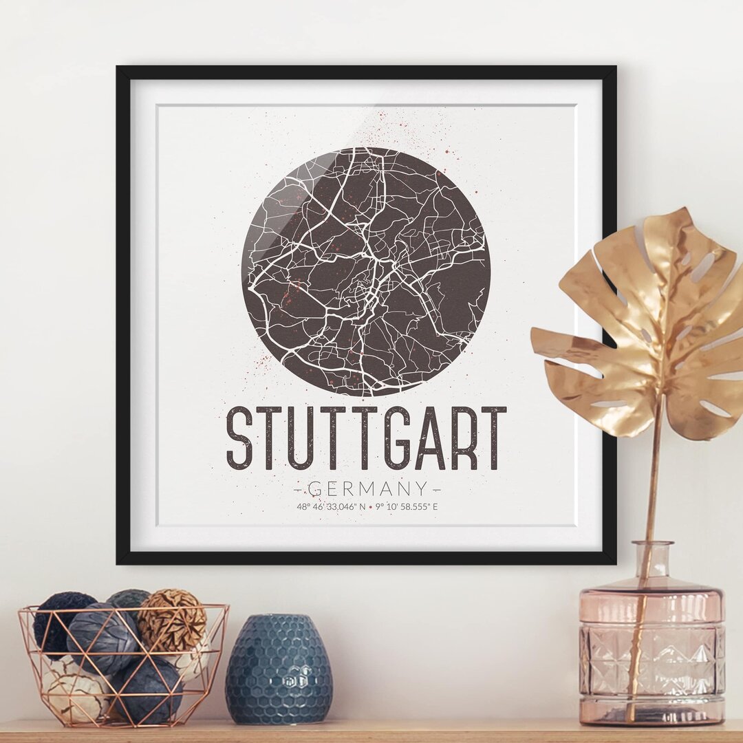 Gerahmtes Papierbild Stadtplan Stuttgart - Retro