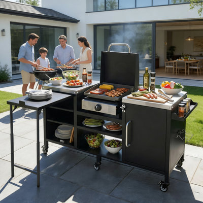 72.4" Metal Outdoor Kitchen Island for Large Big Green Egg & Kamado Joe Classic - Rolling BBQ Grill Cart with Fold-Down Prep Table & Storage