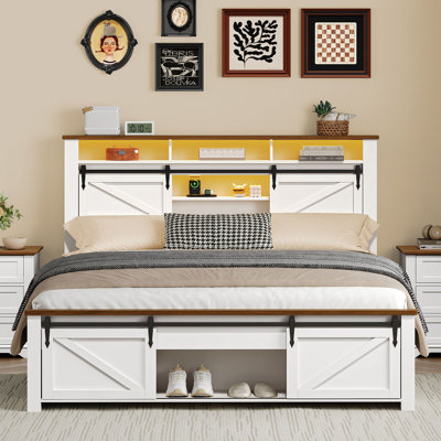 Farmhouse Queen Bed Frame with Storage Bookcase Headboard and LED Light