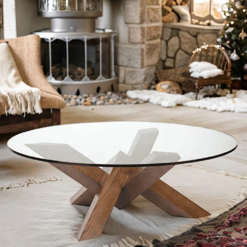 Table basse Costas avec plateau en verre et base noyer