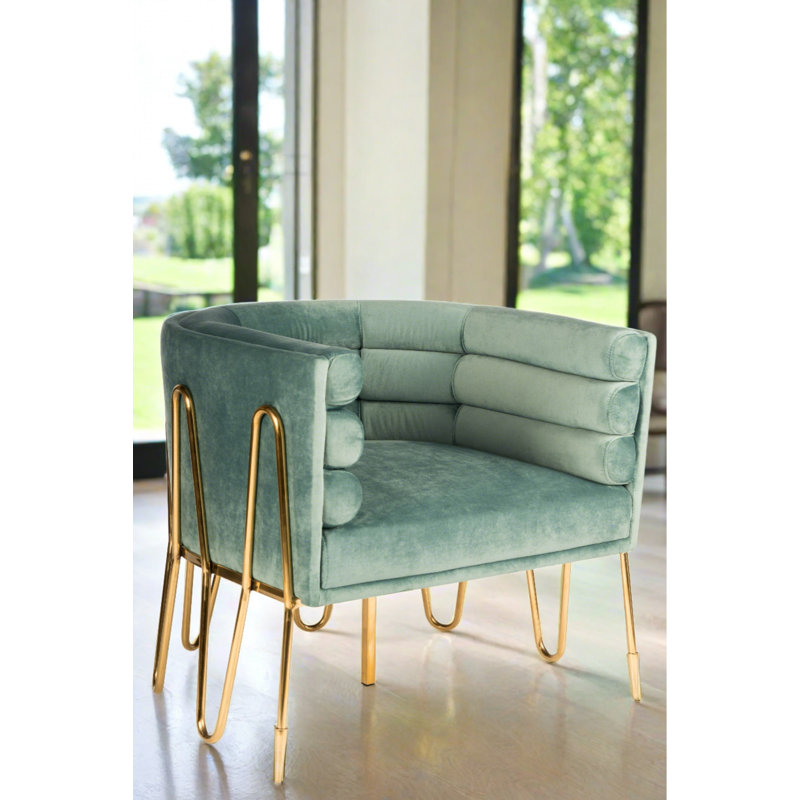 Neston 29.5" Wide Velvet Barrel Chair – Seafoam Green Tufted Lounge Chair with Gold Stainless Steel Legs