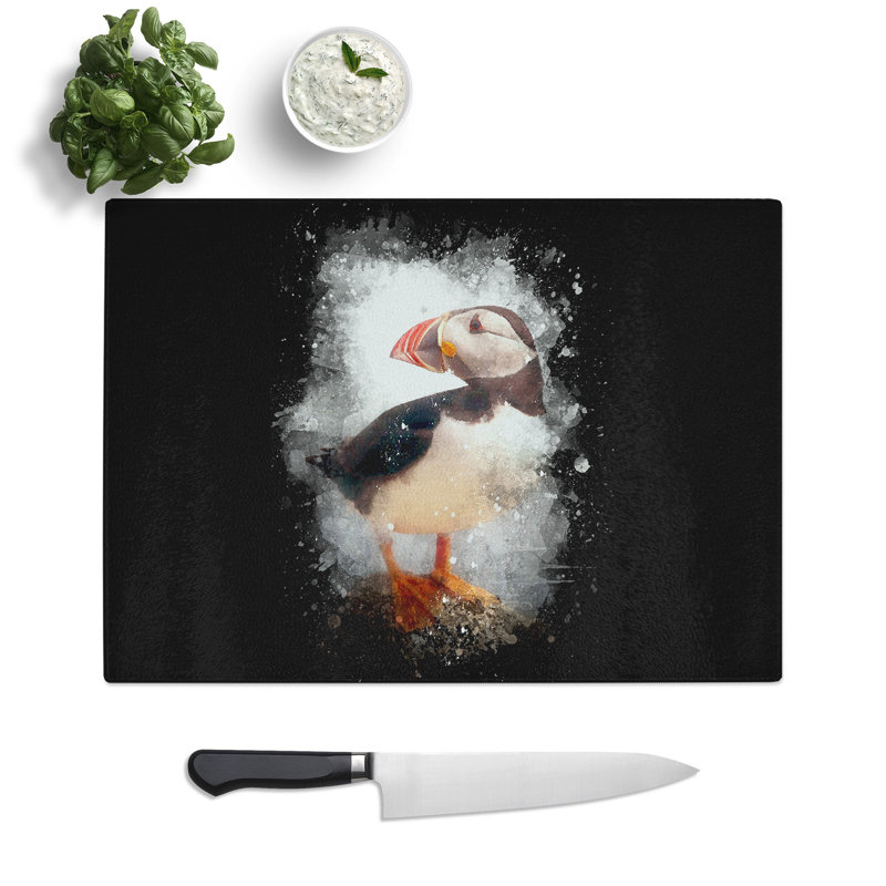 Tempered Glass an Atlantic Puffin Paint Splash Chopping Board, 20 cm x 28.5 cm