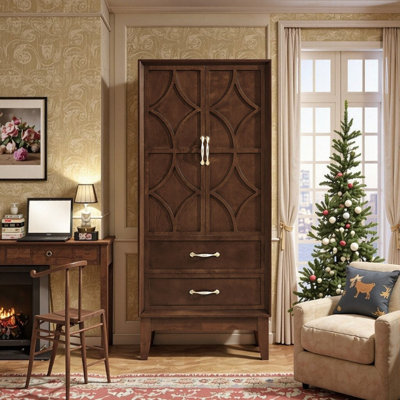 Armoire de rangement pour garde-manger 53,5 po avec portes et tiroirs en bois massif et panneau de fibres à densité moyenne de style Mid-Century