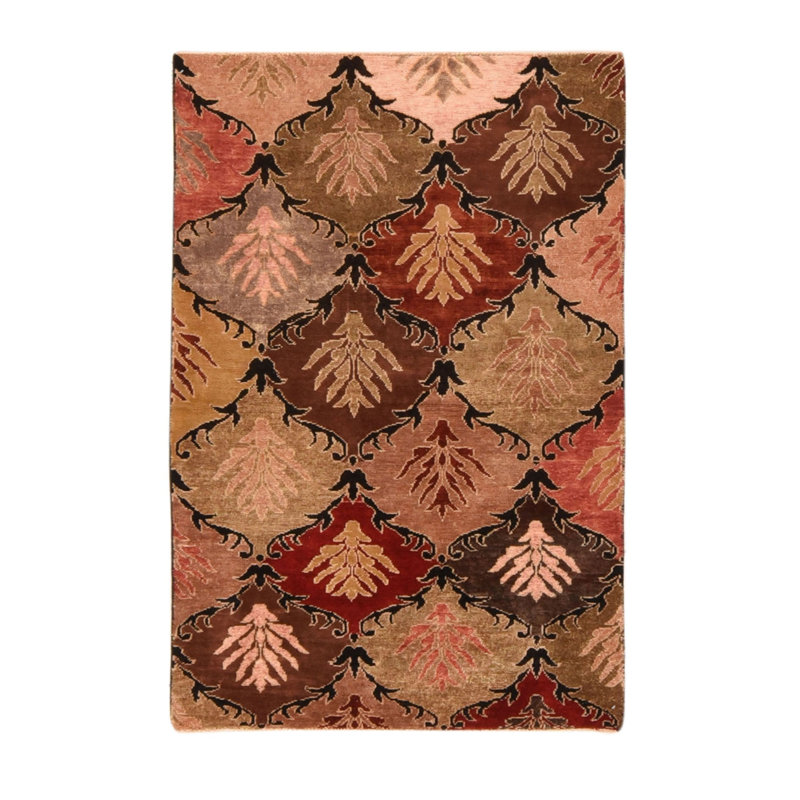 Tapis brun / orange / beige en laine noué à la main de conception unique 3 pi 4 po x 4 pi 11 po