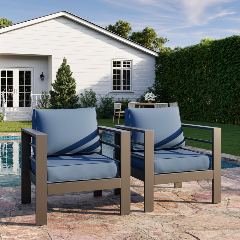 Bellewood 29.5" W Aluminum Patio Club Chairs, Gray Frame/Blue Cushion