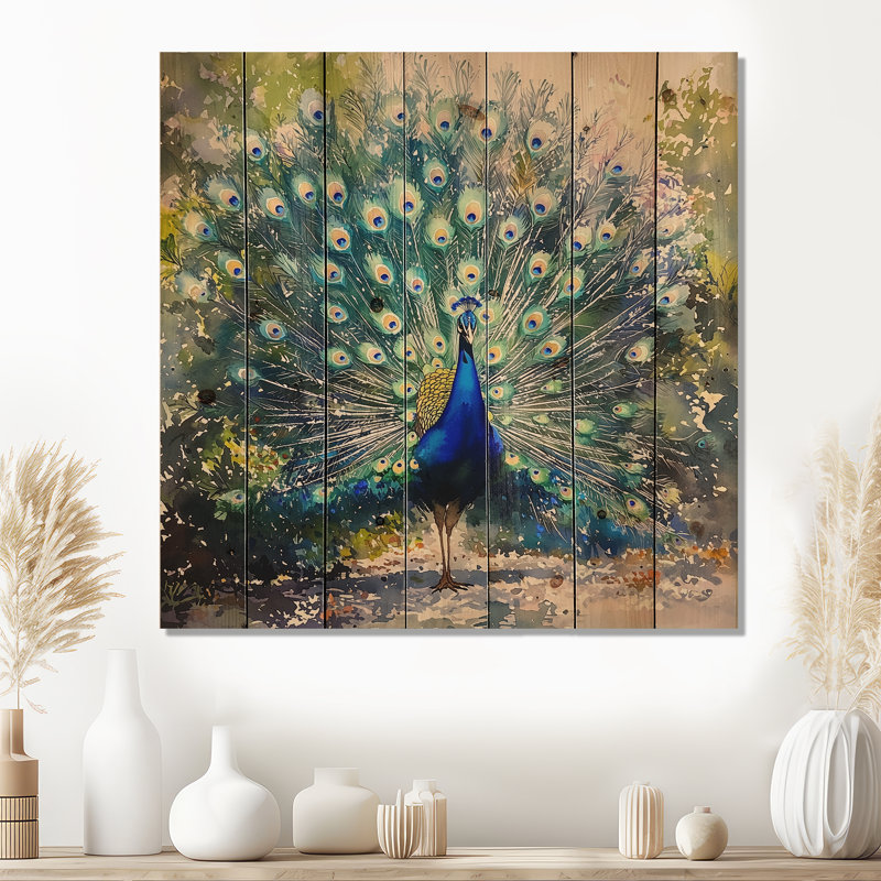 Paon en pleine exposition III - Décoration murale en bois d'oiseau - sur bois de pin naturel, H 30 po x l 30 po x P 0,78 po