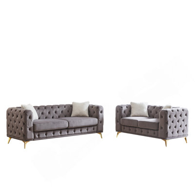 Canapé de salon moderne à 3 places + 2 places en velours avec cadre en bois massif et pieds en métal, 4 coussins, meubles d'appoint pour salon, bureau, gris
