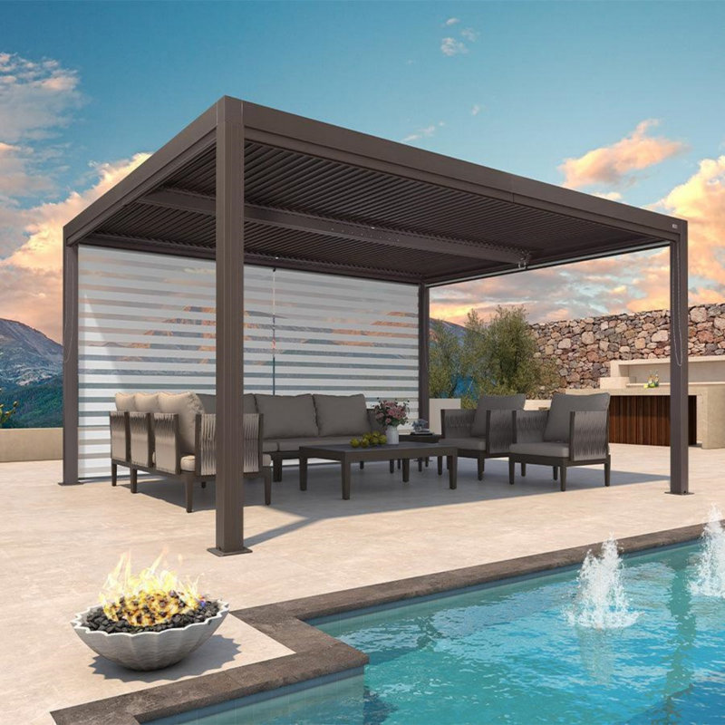 16 Ft. W x 12 Ft. D Aluminum Pergola with Roller Shade, 1 Long Side