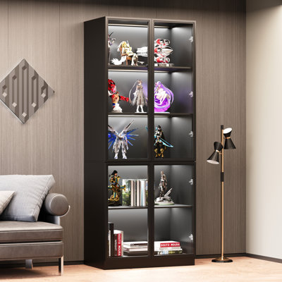 Display Storage Cabinet with Glass Door, LED Lights,Showcase for Collections, Perfume, Vinyl Albums, Bookcase for Home Office, Living Room, Clinic, Pantry (5 Layers-Black)
