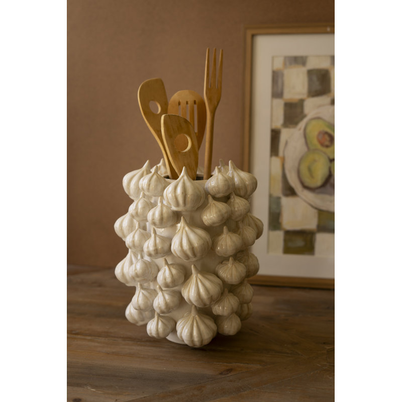 Kalalou Ceramic Vase – Garlic – 11" Tall Hand-Painted Fruit Design