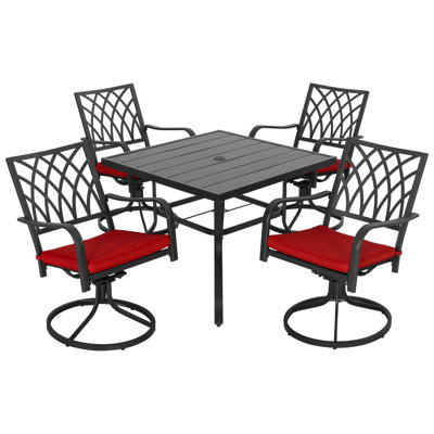 Outdoor Dining Set With Swivel Patio Chairs and Red Cushions for Backyard, Lawn, Deck, Porch, All Weather Resistant, Black