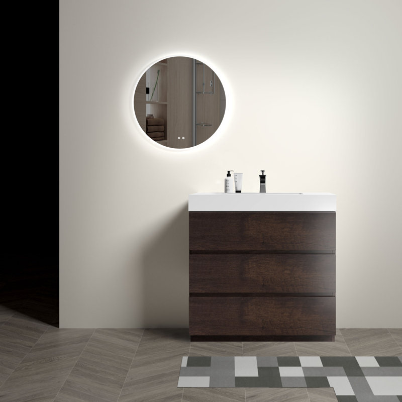 Meuble-lavabo 36 po en noyer avec évier et grand rangement, pré-assemblé, Noyer