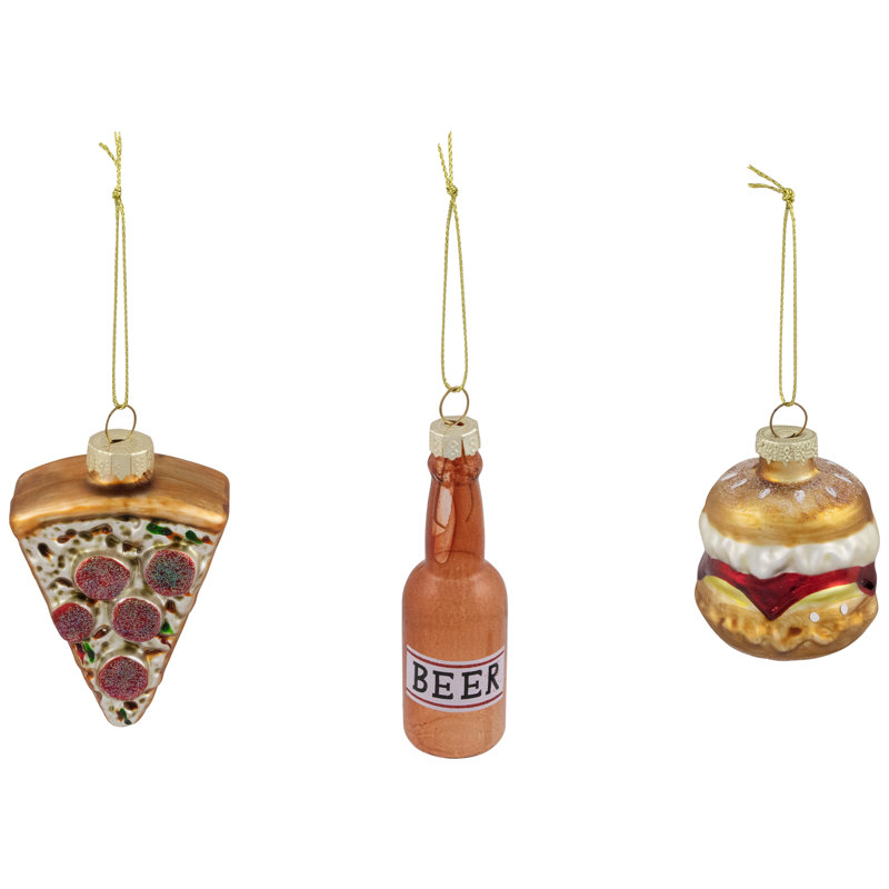Pizza Burger And Beer Glass Christmas Ornaments - 3.5" - Set Of 3