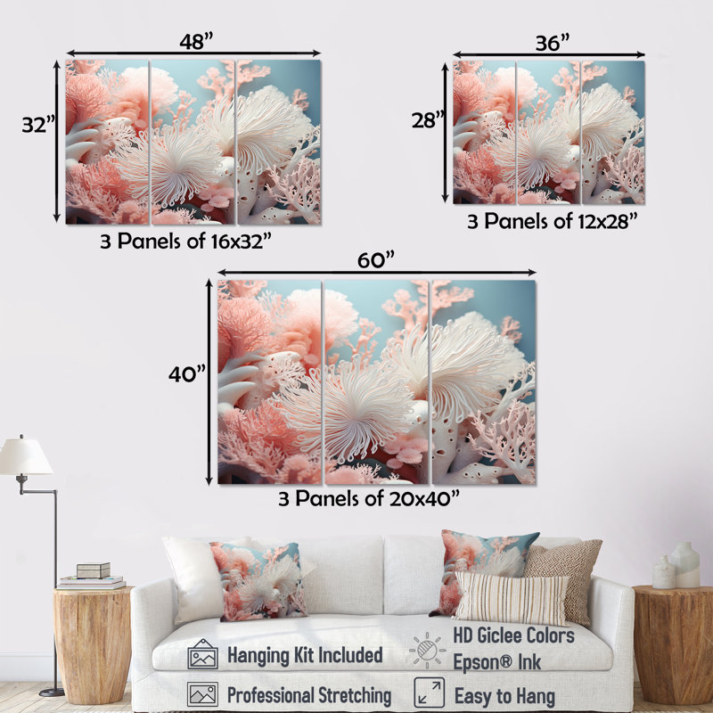 Anemone Garden - Ensemble de décorations murales corail sous l'eau, Toile tendue, H 32 po x l 48 po x P 1 po