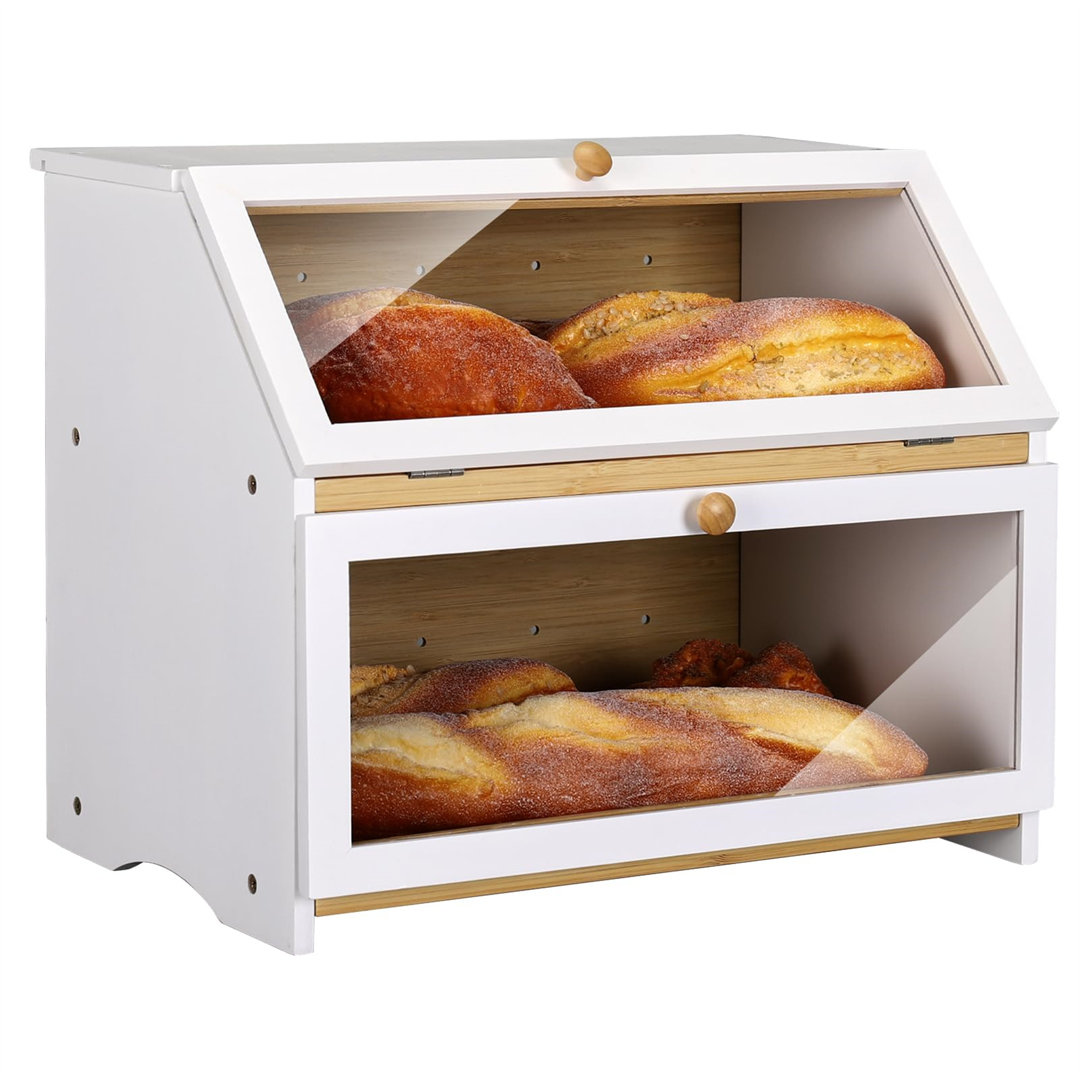 Double Layer Bamboo Bread Box 2 Layers 15.3" X 9.8" X 12.6" Weiß