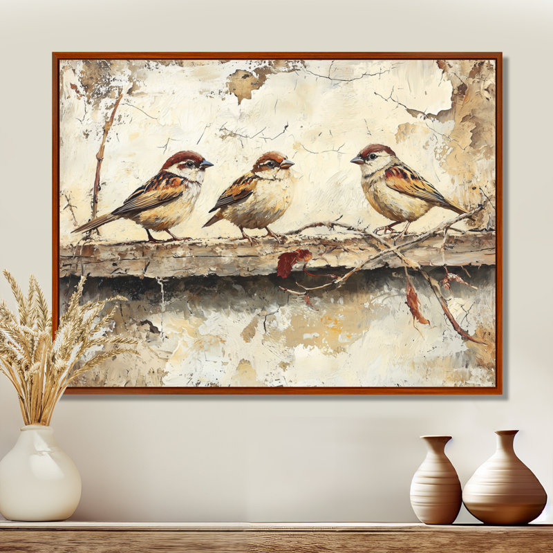 Bird Sparrows By The Farm House - art mural grand oiseau, Brun, H 12 po x l 20 po, Floater Framed