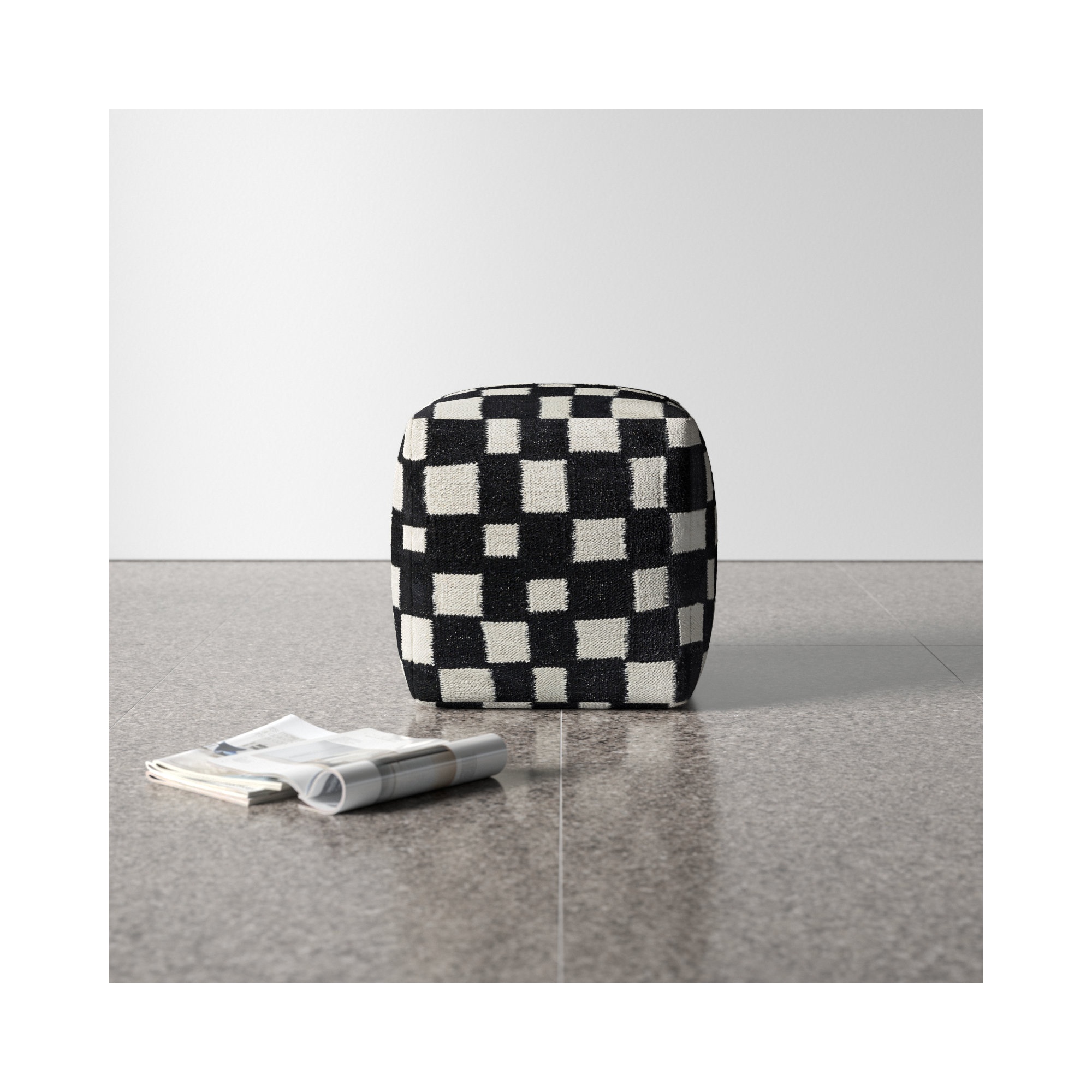 Gwennie Upholstered Pouf, Black/White Wool/Cotton Blend