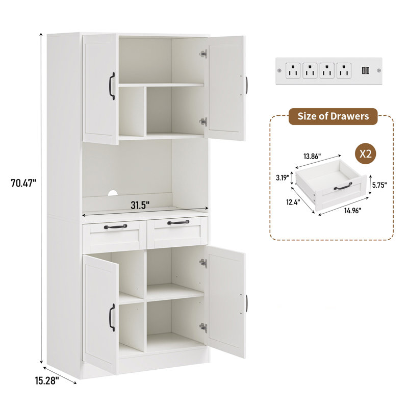 Garde-manger de 71 po de hauteur avec station de charge, tablettes réglables, 2 tiroirs, 4 portes, comptoir de 31 po de large