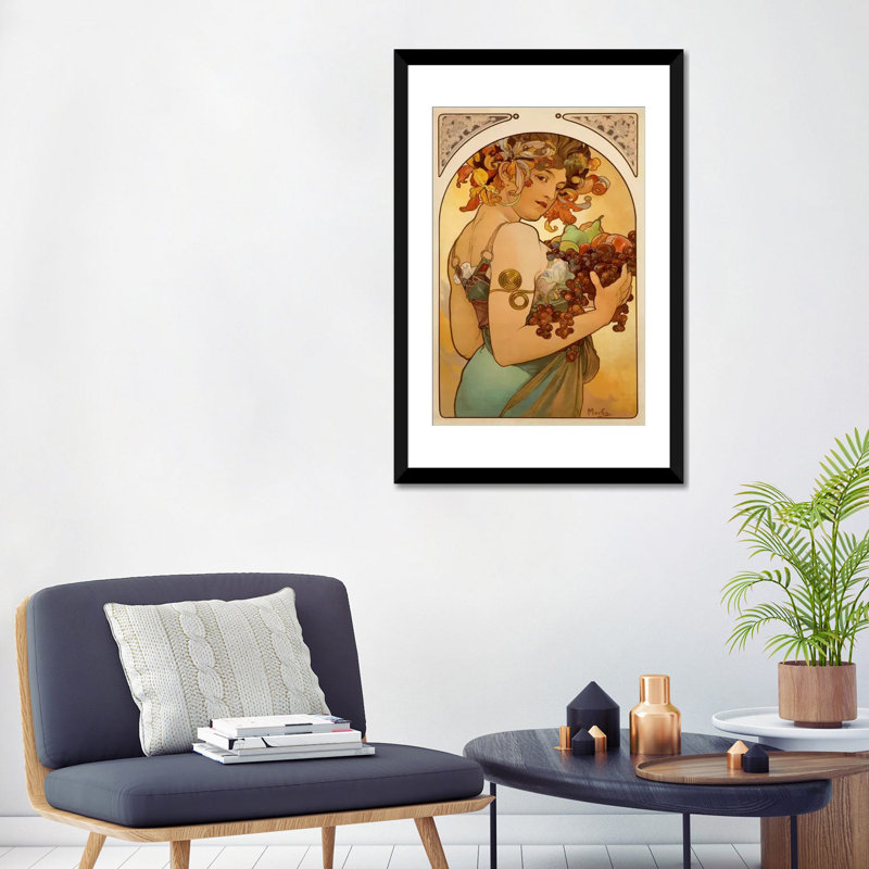 «Fruit» par Alphonse Mucha, reproduction d'art sur toile, L 16 po x H 24 po x P 1 po, Papier d'art encadré noir, Blanc