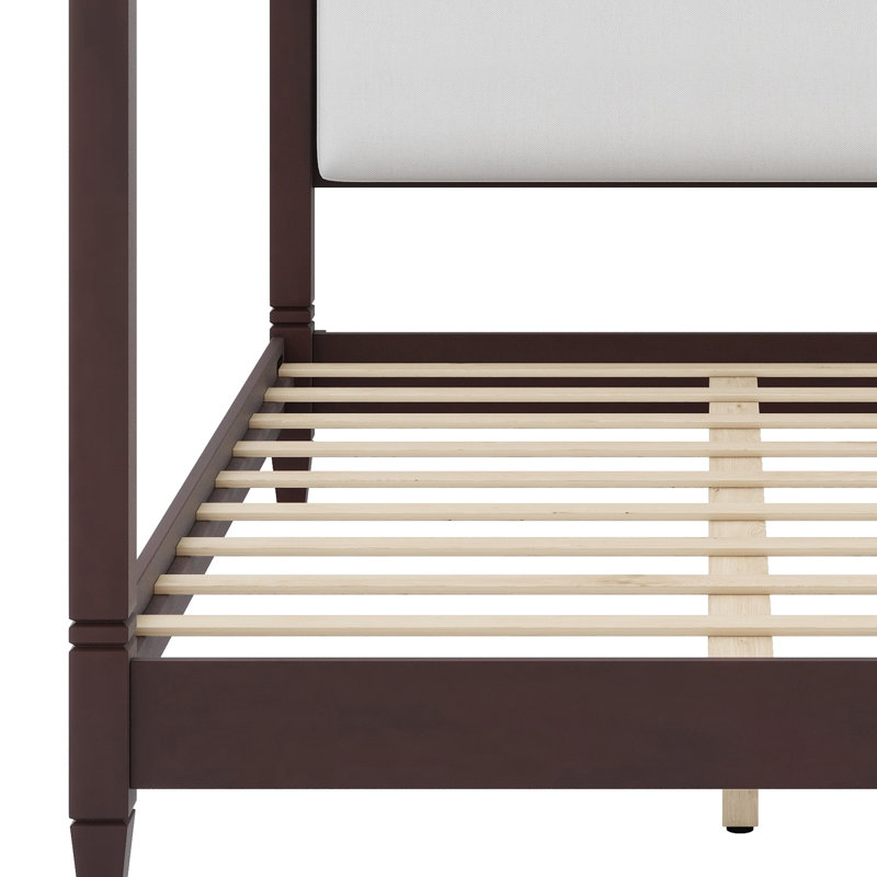 Lit plateforme élégant à baldaquin avec tête de lit tapissier et système de support à lattes en bois, Espresso