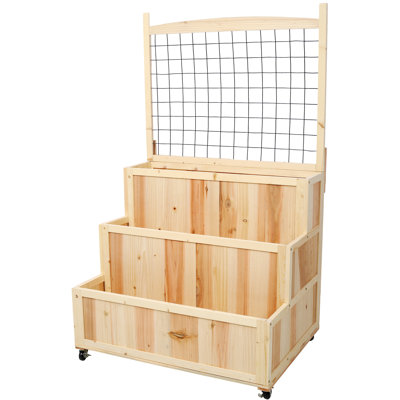 3-Tiers Raised Garden Bed With Trellis, 53" H Vertical Planter Box With Wheels & Back Storage Area, For Flowers, Vegetables, Herbs, Natural