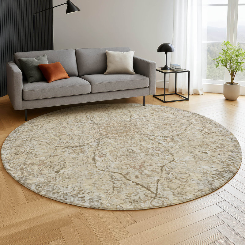 Premium Machine Washable Mayfield AMF2136 global Rug, Beige, 8' Round