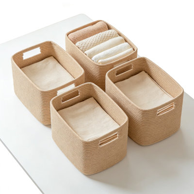 Paquet de 4 paniers de rangement tissés avec poignées, bacs de rangement pliables en tissu pour étagères, placard et rangement, matériau en coton naturel