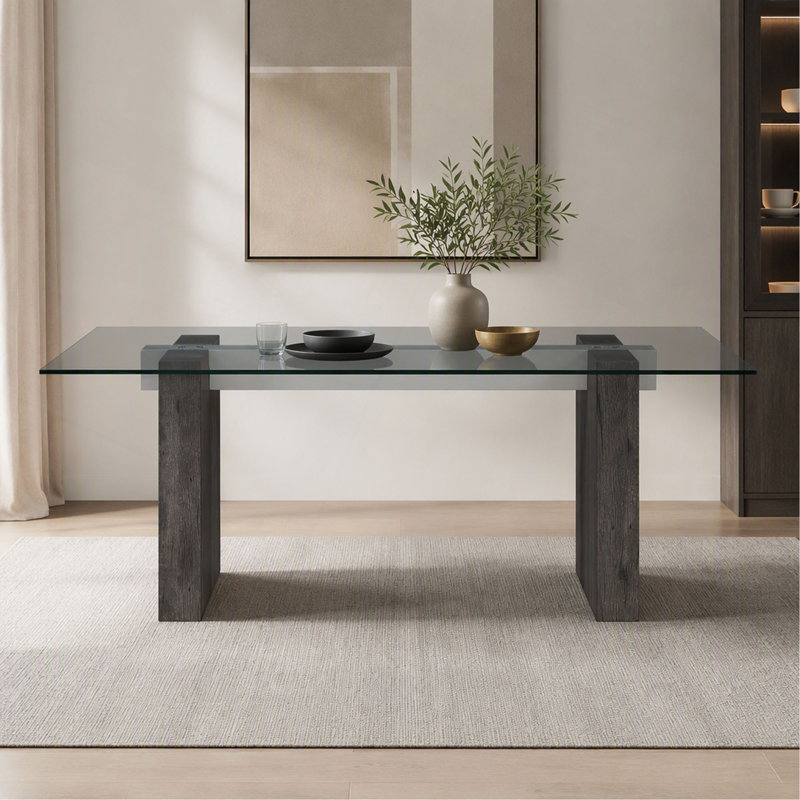 Washed Dining Table with Tempered Glass