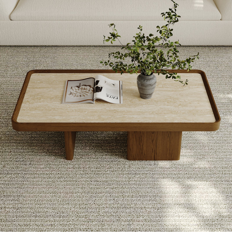 Table basse 51,18 po Mid Century Retangular, plateau de table en pierre frittée beige, pieds en bois massif