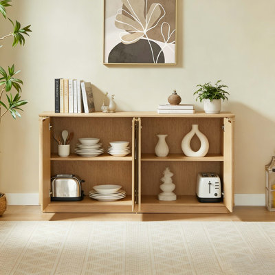 63'' Oak Vertical Stripe Buffet Cabinet With Curved Wave Design, Multi-Functional Sideboard & TV Stand With Storage For Bedroom, Living Room, Hallway