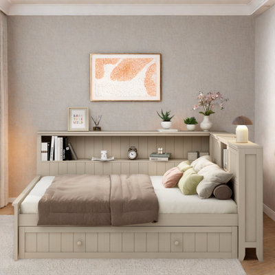 Wood Daybed With Storage Shelves, Sliding Doors And Trundles