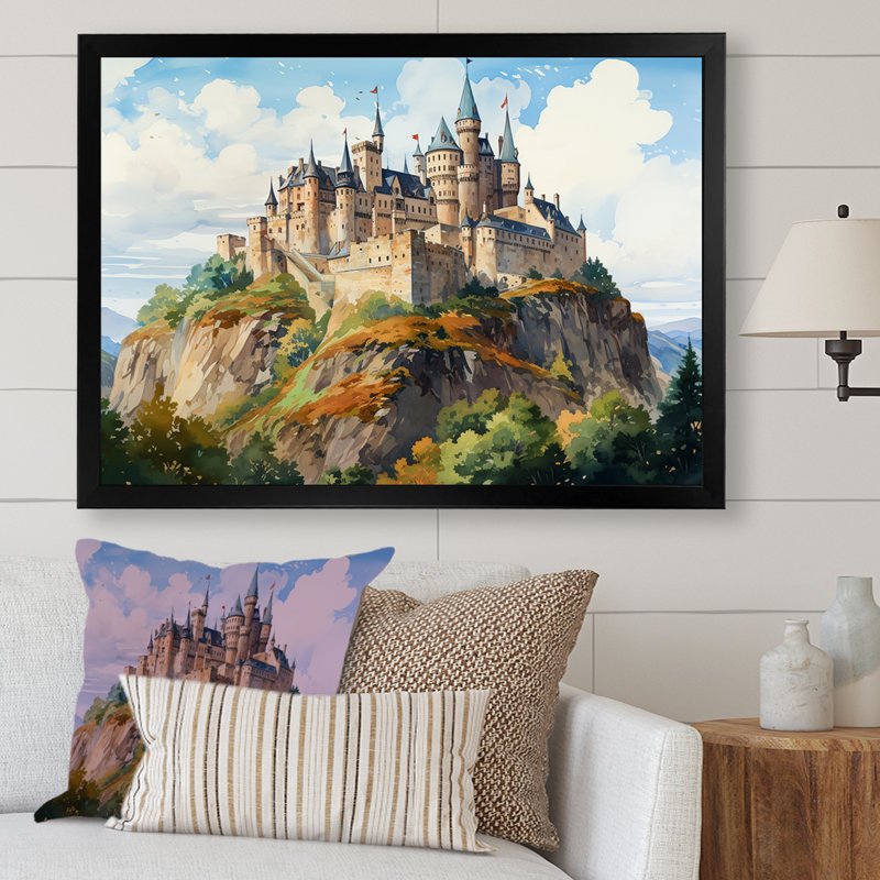 Ancien château dans les montagnes, harmonie - châteaux, art mural, H 24 po x l 32 po x P 1 po, Cadre flottant brun