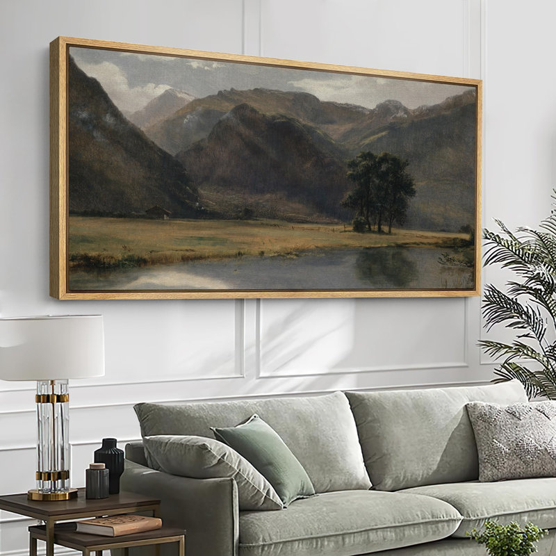 Tranquil Mountain Valley avec rivière, art moderne, H 30 po x l 60 po, Naturel
