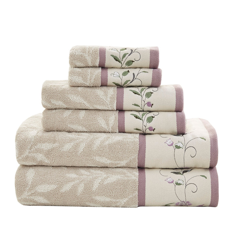 Embroidered Cotton Jacquard 6 Piece Towel Set, Purple