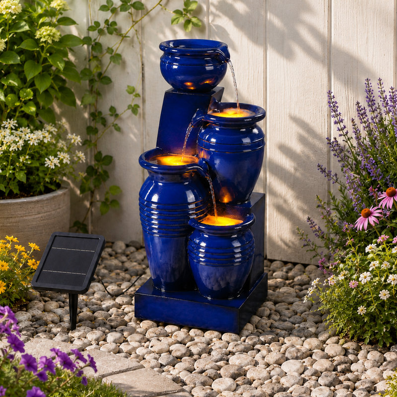 Wakiyan 28.7" 4-Tier Outdoor Solar Water Fountain With LED Lights, Navy