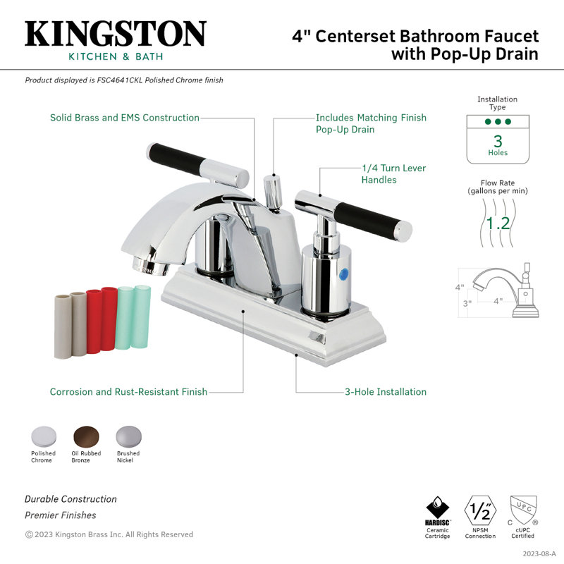 Kingston Brass Kaiser Two-Handle 3-Hole Deck Mount 4" Centerset Bathroom Faucet with Pop-Up Drain, Polished Chrome