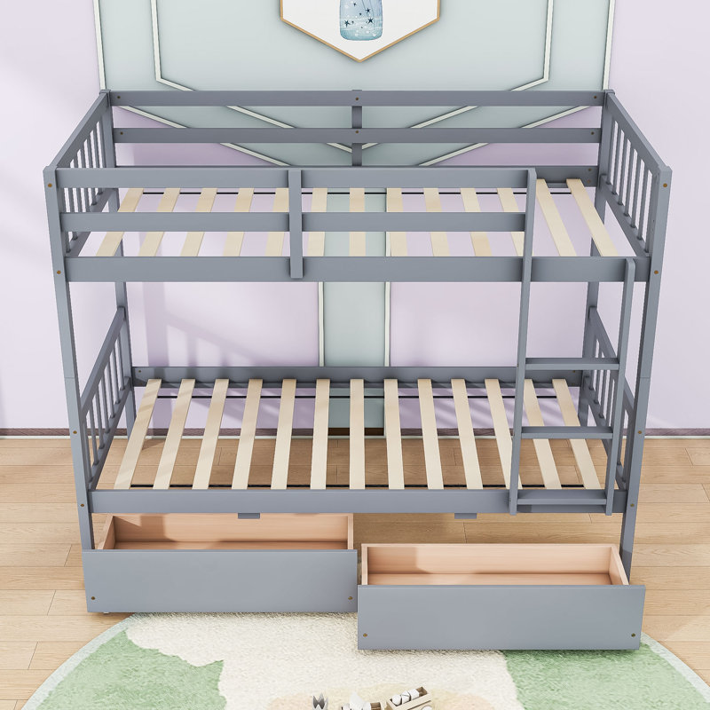 Two Drawers Rubber Wood Bunk Bed, Gray, Twin