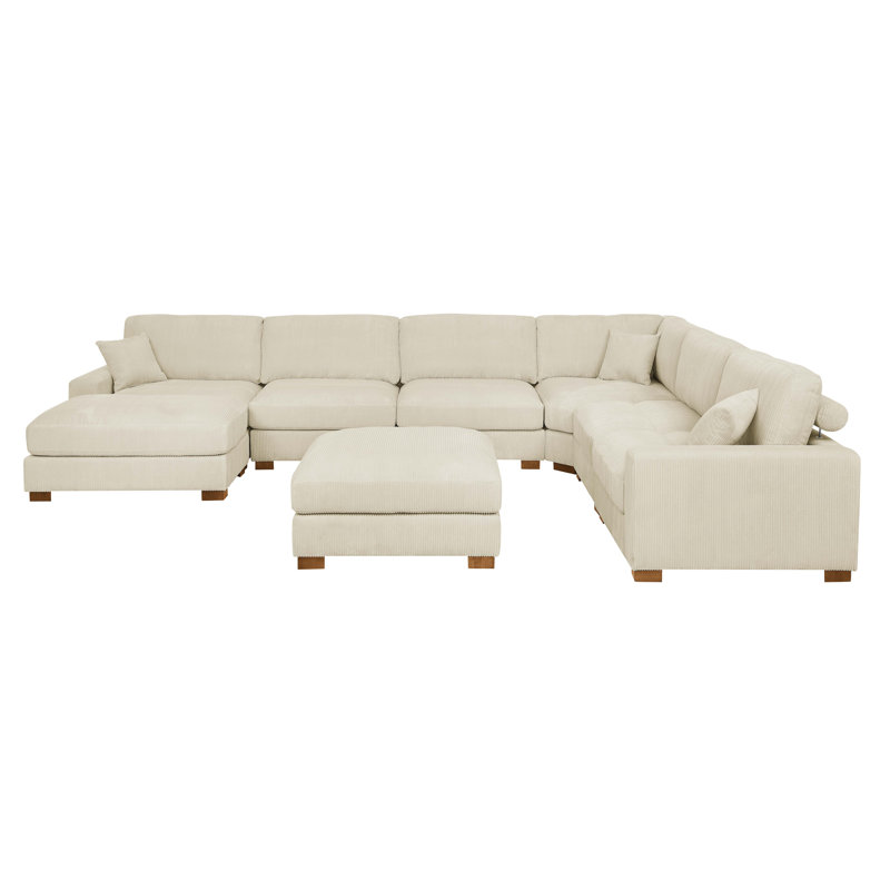 7-Pieces Modular Sofa Bed, Cream Corduroy, 34.00" H x 159.50" W x 123.50" D