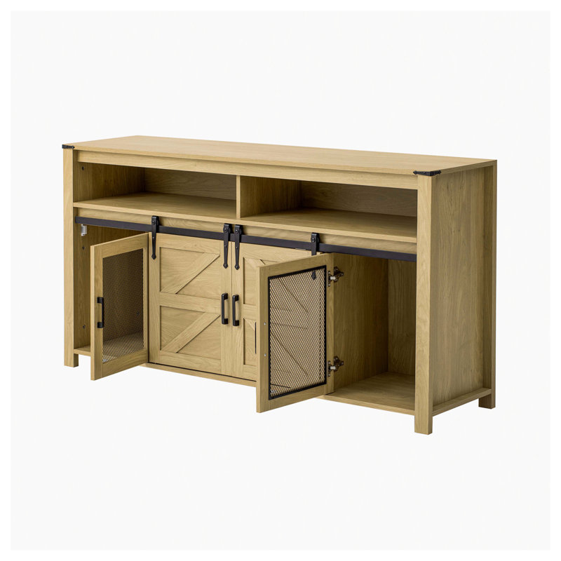 Buffet Farmhouse avec porte de grange coulissante, panneaux en filet et rangement ouvert, Naturel