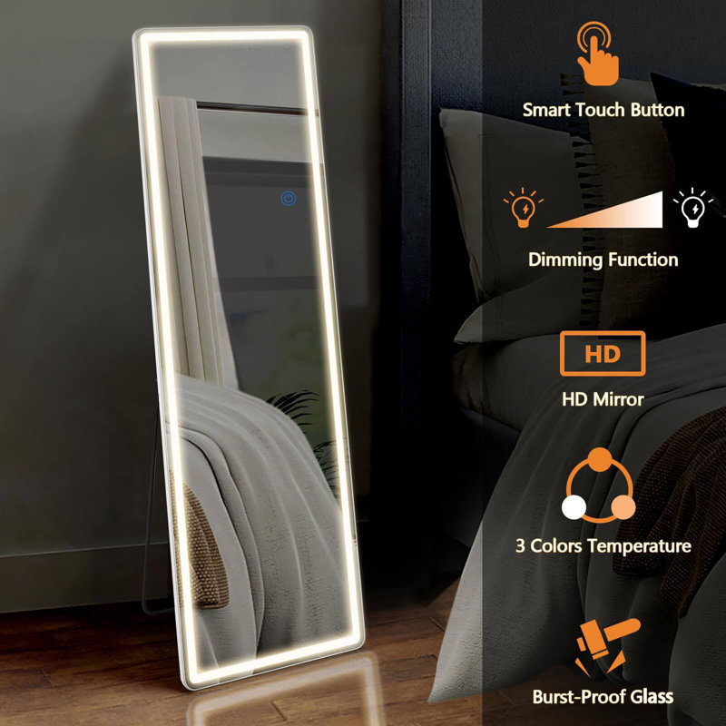 3 Color Lighting Mirror With LED Lights, 64"X21" Lighted Floor Standing Mirror With Stand