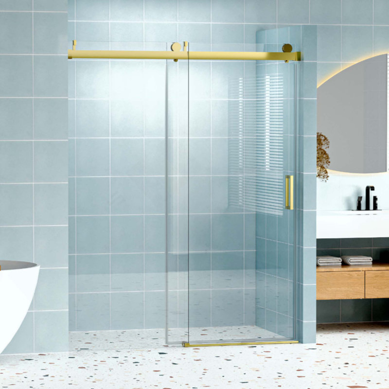 Porte de douche coulissante simple sans cadre à fermeture en douceur, verre trempé de 1/4 po (6 mm) avec film antidéflagrant