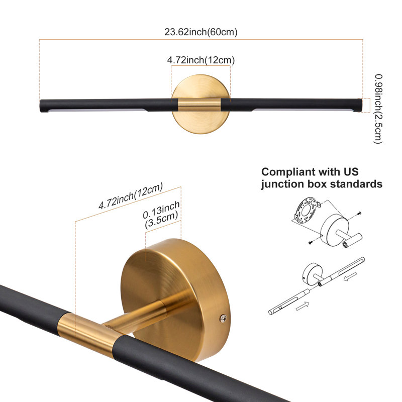 Salween 24" Modern Dimmable LED 18W 360° Rotatable Bathroom Vanity Light, Black & Gold