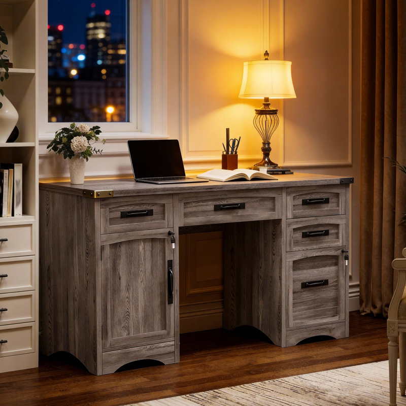 Bureau de direction 55 po avec 5 tiroirs, classeur et prises de courant, bureau d'ordinateur pour bureau à domicile, Gris