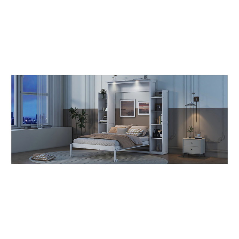Lit escamotable double pleine grandeur avec tablettes et lumières DEL, blanc