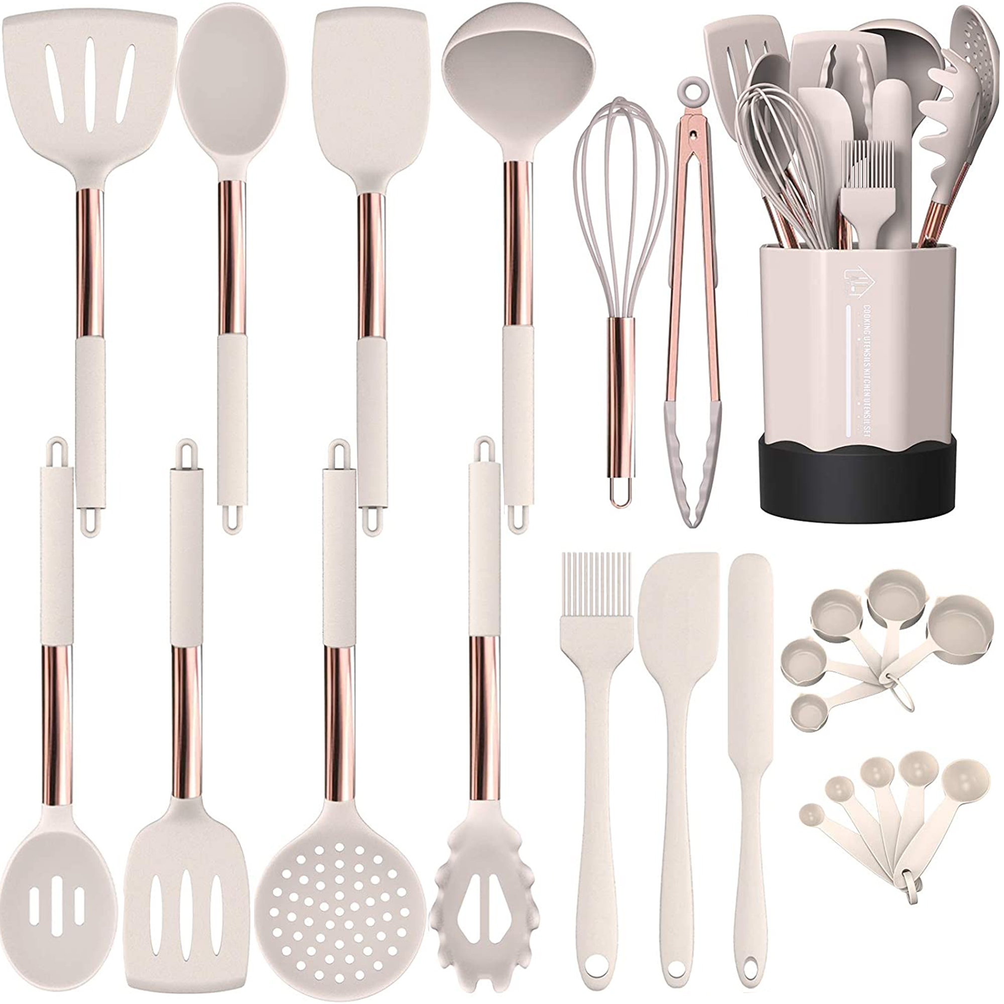 White Silicone and Gold Cooking Utensils Set with Gold Utensil